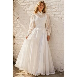 Vintage Robes de ce Temps White Organza Lace Wedding Dress 70s Victorian Small